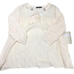 Doe & Rae Blouse Gauzy Boho‎ Tie Neck Crochet Casual Top Lightweight Ivory Cream